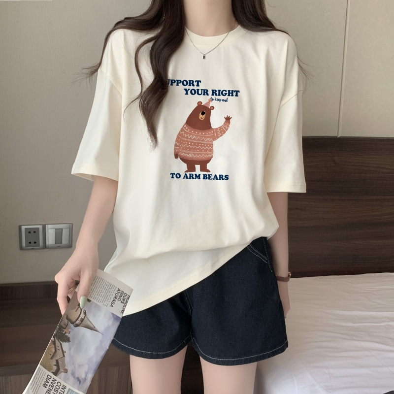 實拍 100%棉精梳純棉 印花夏裝短袖T恤女寬鬆韓版