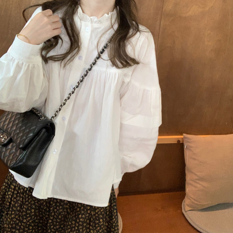法式復古高級感洋氣氣質甜美長袖花邊領燈籠袖內搭白色襯衫上衣女