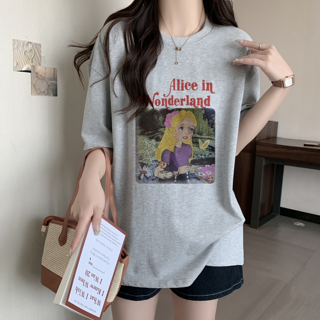 實拍 100%棉精梳純棉 印花夏裝短袖T恤女寬鬆韓版