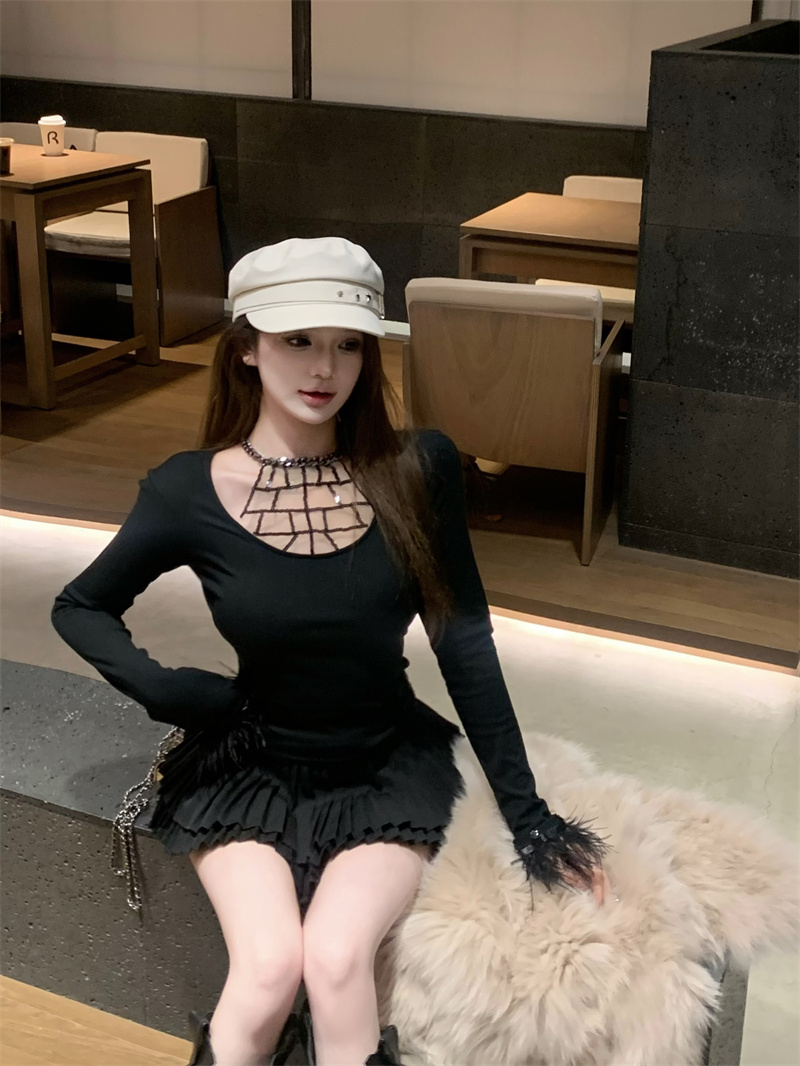 實拍  秋日小妲己鏈條網紗拼接可拆卸駝鳥毛長袖修身百搭上衣