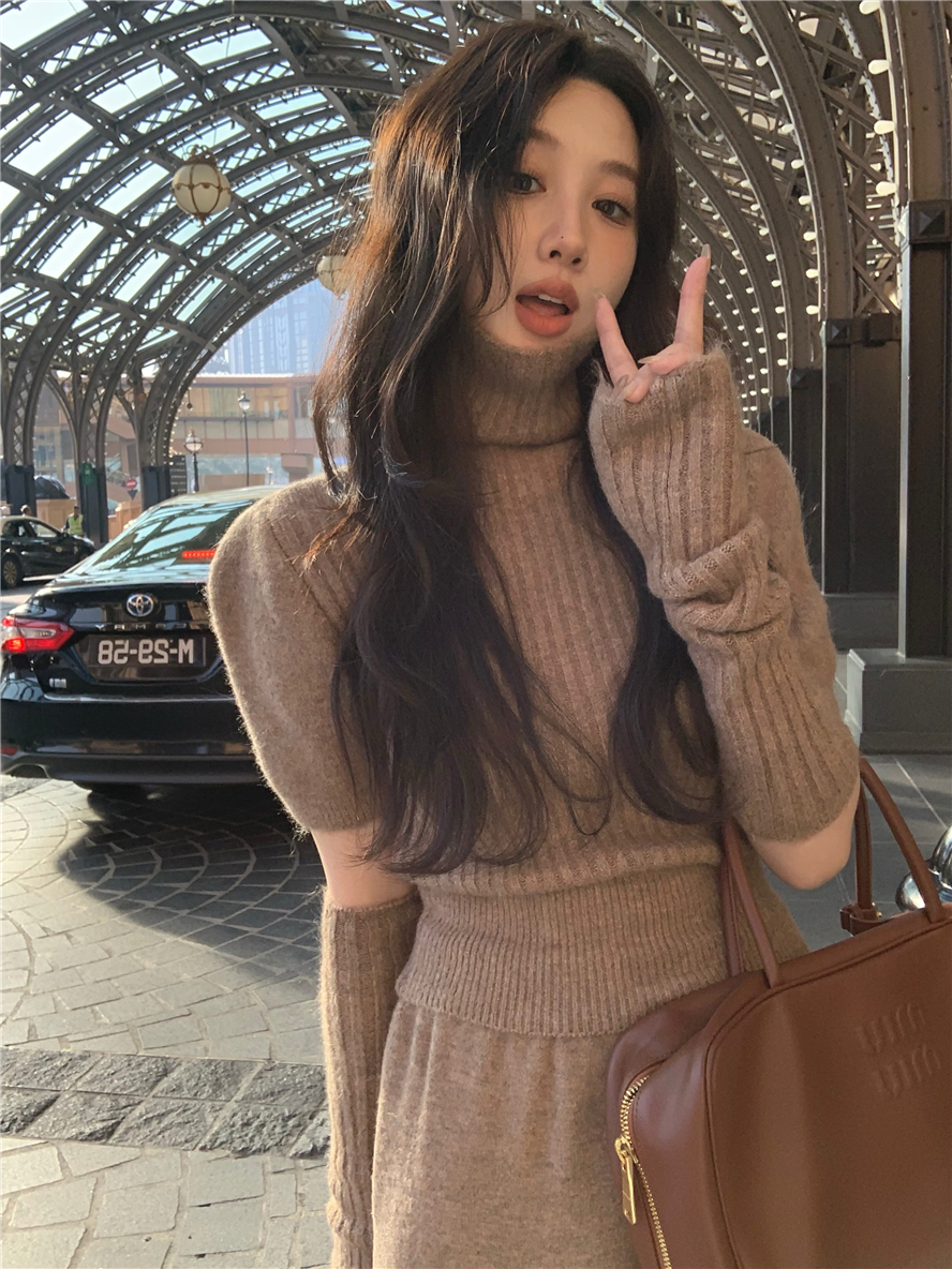 高領咖色修身袖套毛衣女慵懶套裝冬季半身裙長裙溫柔風針織兩件套