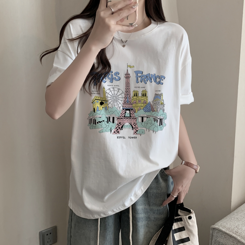 實拍 100%棉精梳純棉 印花夏裝短袖T恤女寬鬆韓版