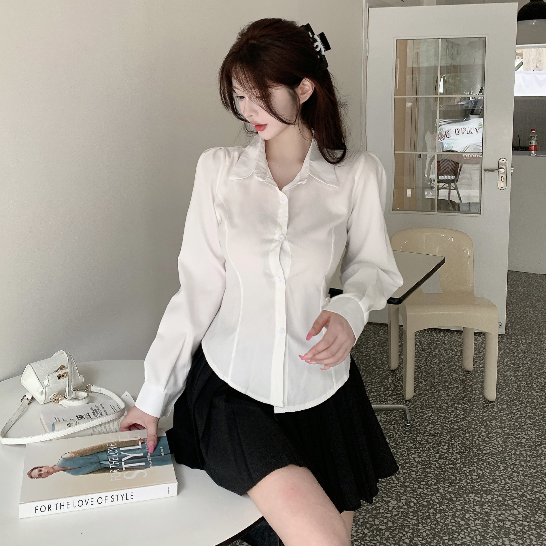 實拍襯衫春秋裝新款港味設計感辣妹收腰系帶氣質上衣長袖襯衣