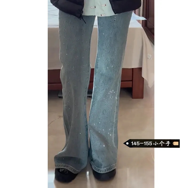 重工閃鑽高腰微喇叭牛仔褲女小個子春季新款直筒顯瘦修身拖地長褲