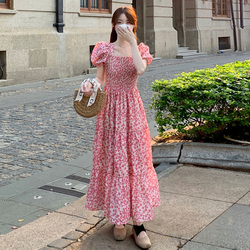 原版做工溫柔風復古碎花裙女夏新款甜美氣質泡泡袖方領連衣裙