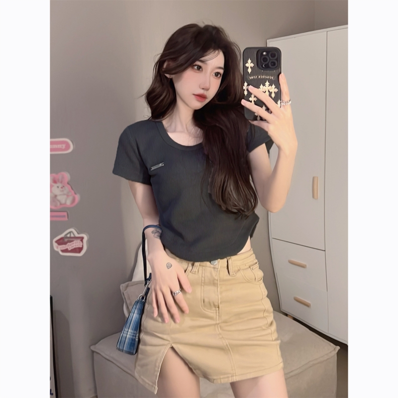 實拍  100%纖維夏裝短袖T恤女高腰設計感小眾上衣