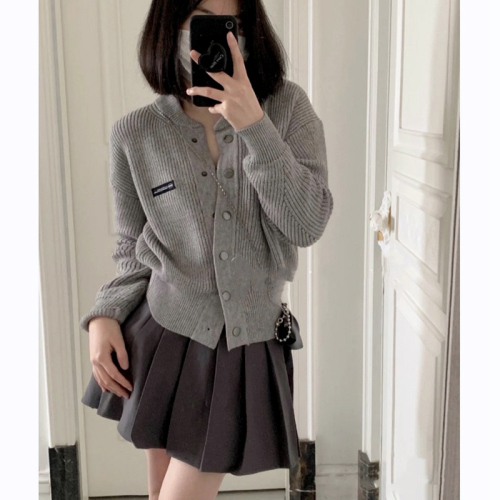 Gray knitted cardigan sweater internet celebrity hot street style small person versatile foreign style outer wear for women spring and autumn