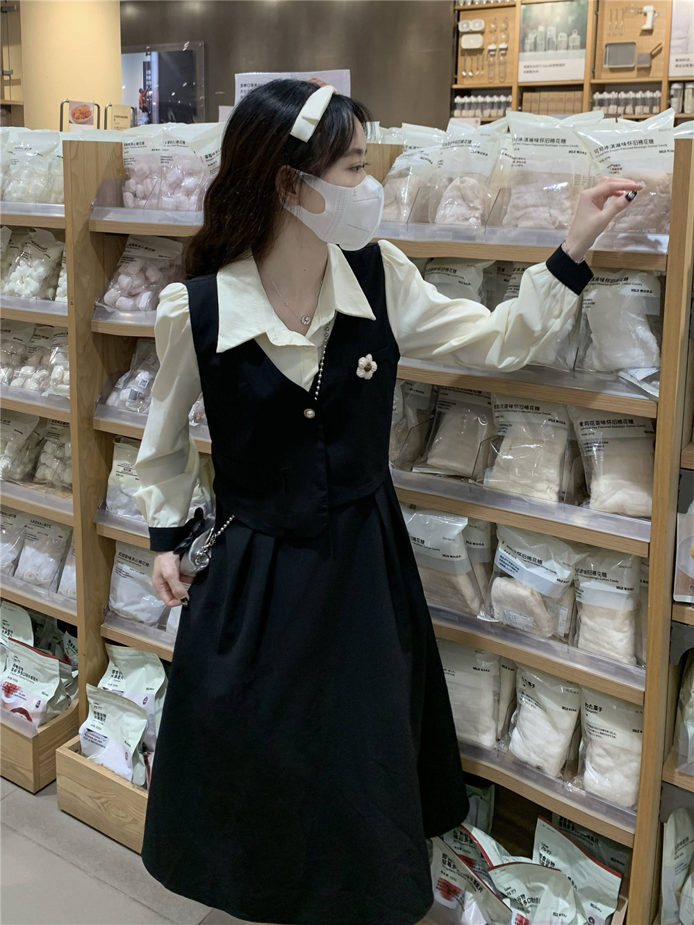 實拍 法式復古氣質假兩件連衣裙女收腰顯瘦長袖中長款A字裙子