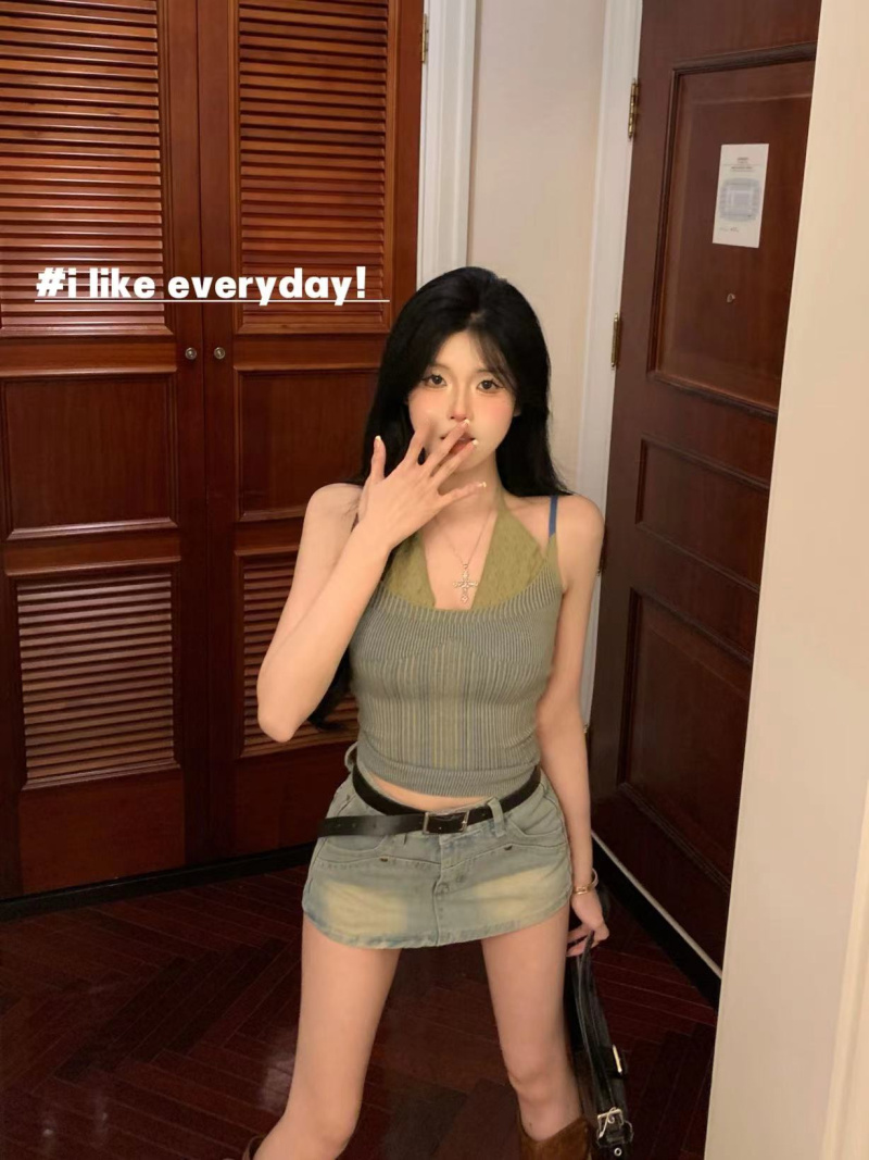 實拍~假兩件吊帶背心女夏季新款美背獨特别致撞色無袖上衣