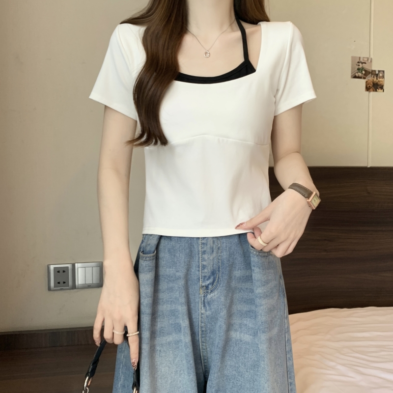 實拍  40支純棉 2024夏裝不規則純棉正肩短袖t恤女吊帶