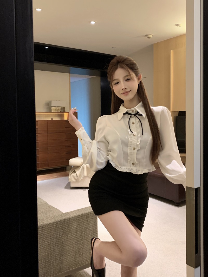 實拍！！白色襯衫法式設計感小眾蝴蝶結別致收腰褲衣短款上衣