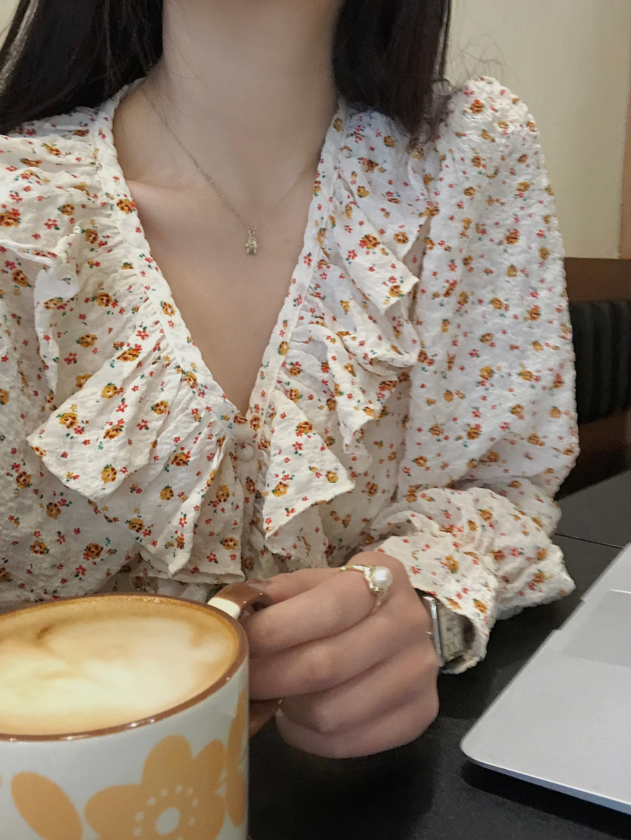 高品質小眾設計韓國東大門甜美木耳邊V領寬鬆碎花襯衫女襯衣小衫