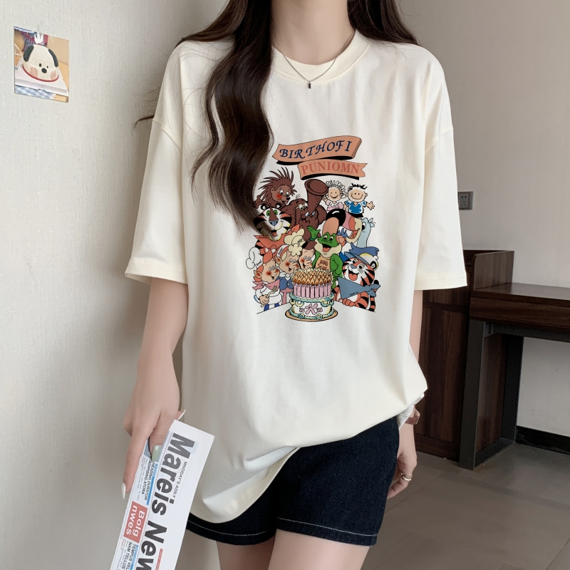 實拍 100%棉精梳純棉 印花夏裝短袖T恤女寬鬆韓版
