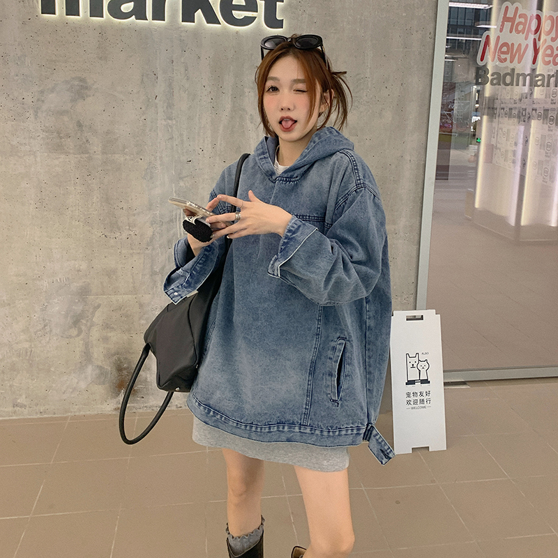 實拍~美式做舊連帽牛仔衛衣外套春季設計感復古寬鬆套頭夾克