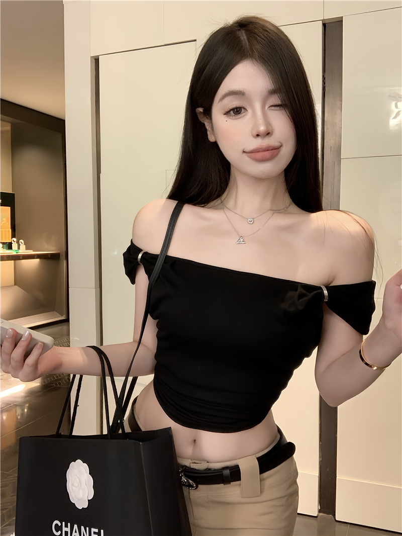 實拍 金屬環兩穿袖子抽褶t恤女溫柔氣質顯瘦設計感小眾上衣