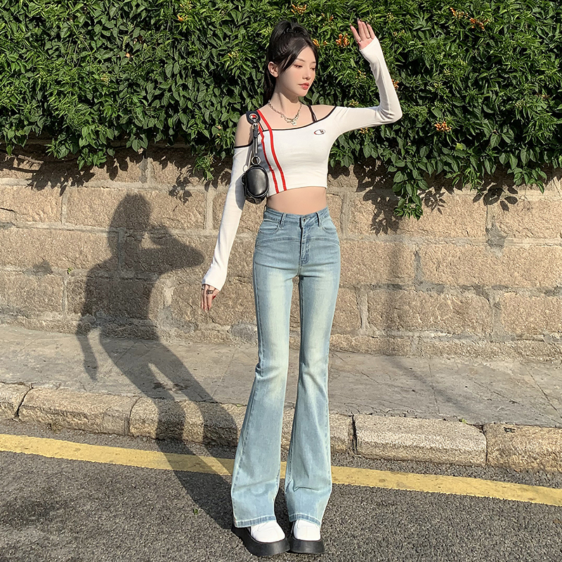 實拍淺藍色微喇叭牛仔褲女2024年新款高腰顯瘦設計感辣妹微喇叭褲