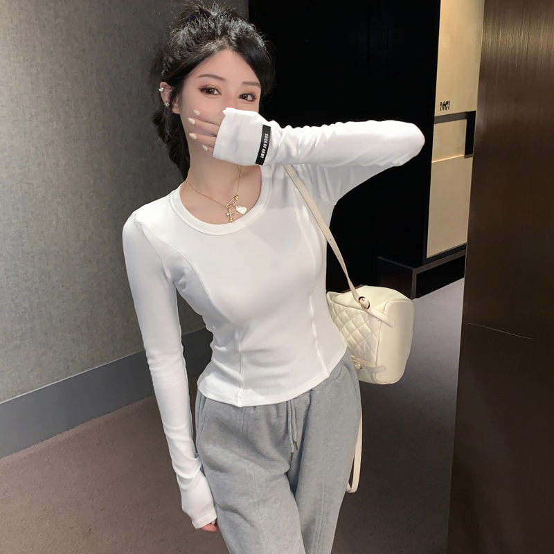 實拍 打底衫女內搭2024春秋韓版洋氣百搭長袖t恤修身顯瘦u領上衣