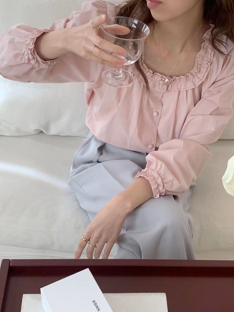 韓東大門春夏新粉色純色木耳花邊方領長袖甜美襯衫