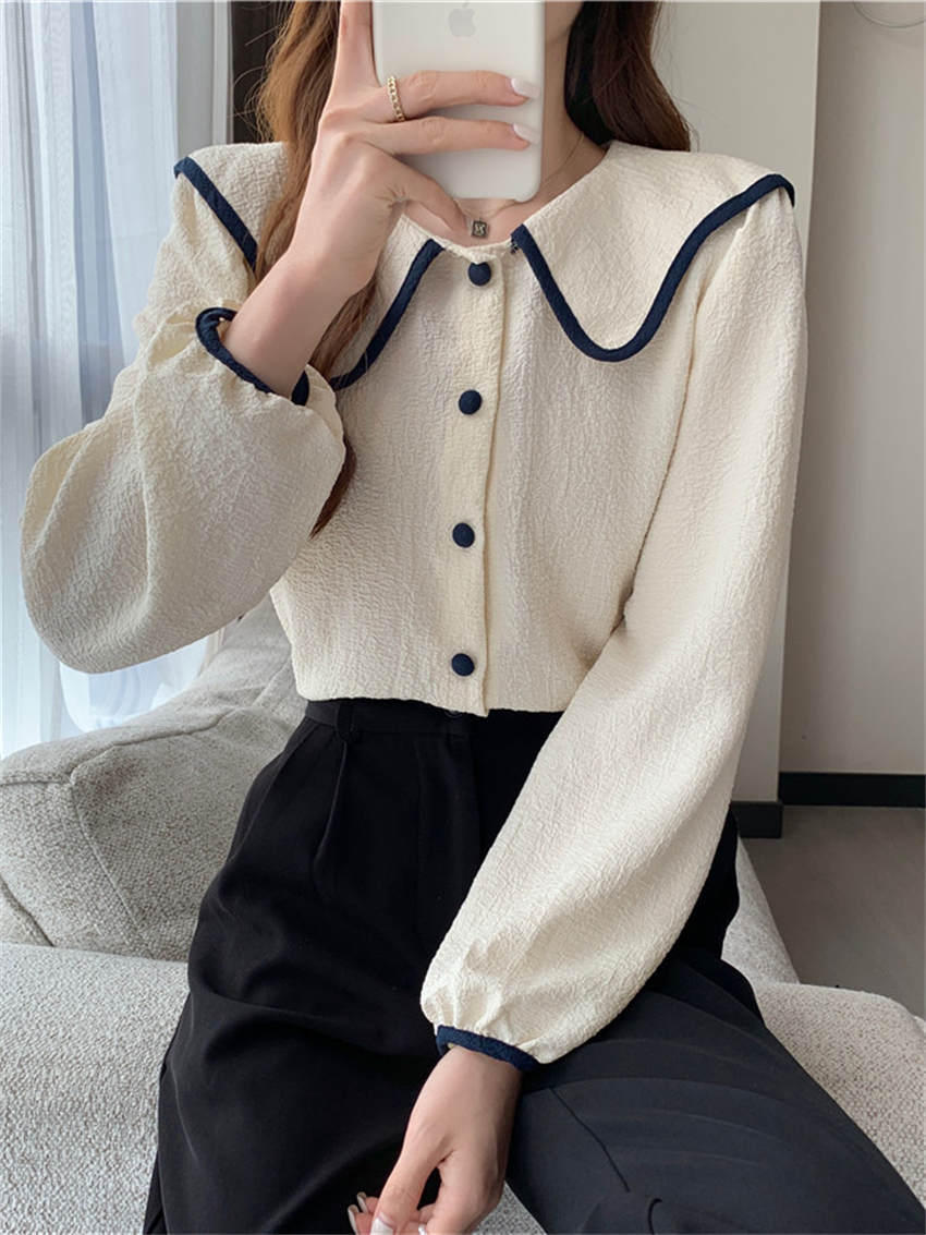 實拍 長袖襯衫女春裝泡泡袖法式撞色娃娃領棉皺打底上衣女