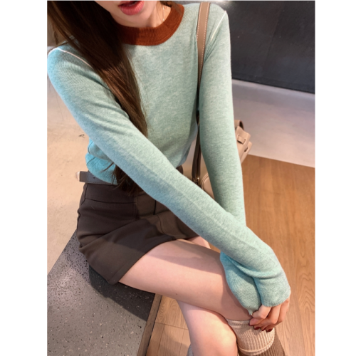 High-end round-neck contrast-color knitted base shirt for women, 2024 spring and autumn new style sweater, slim-fit lazy-style top