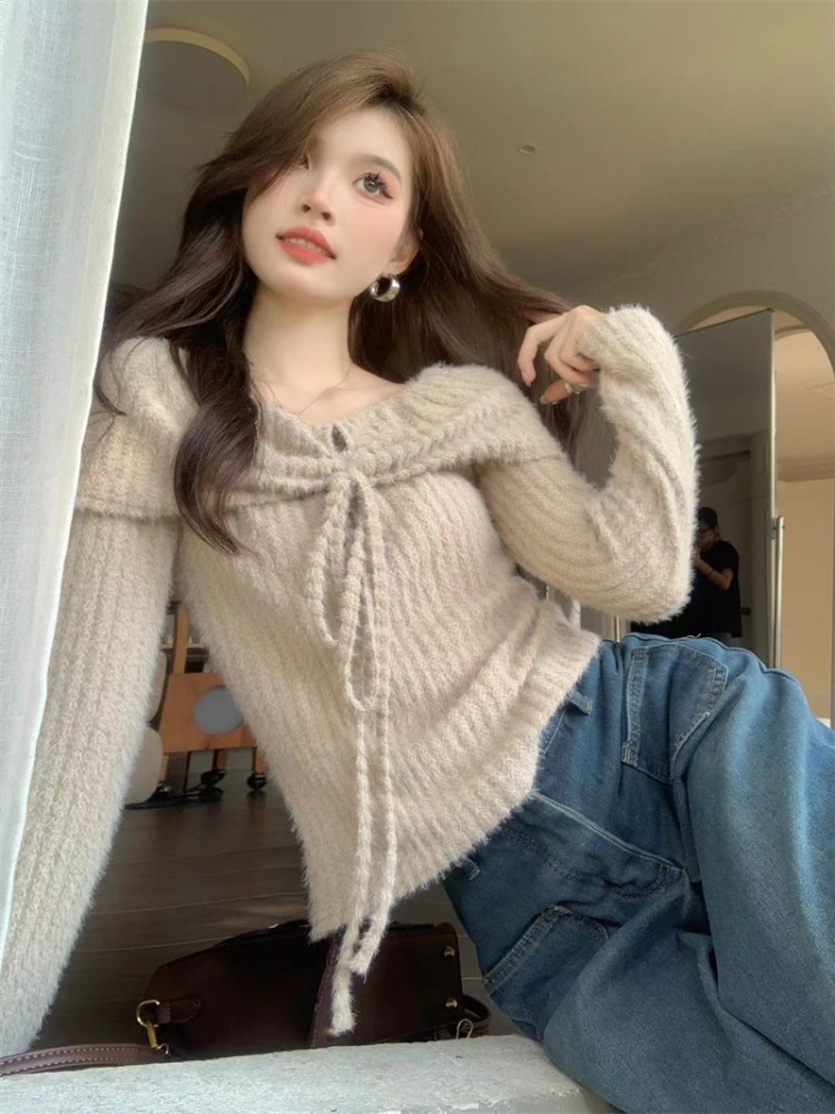辣妹掛脖一字領露肩設計感毛衣女裝秋季小眾長袖針織衫純欲風上衣