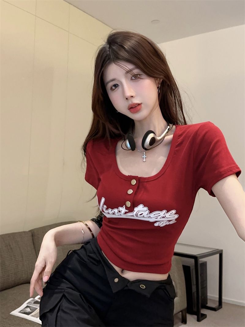 方領短袖女夏季辣妹短款修身小眾上衣
