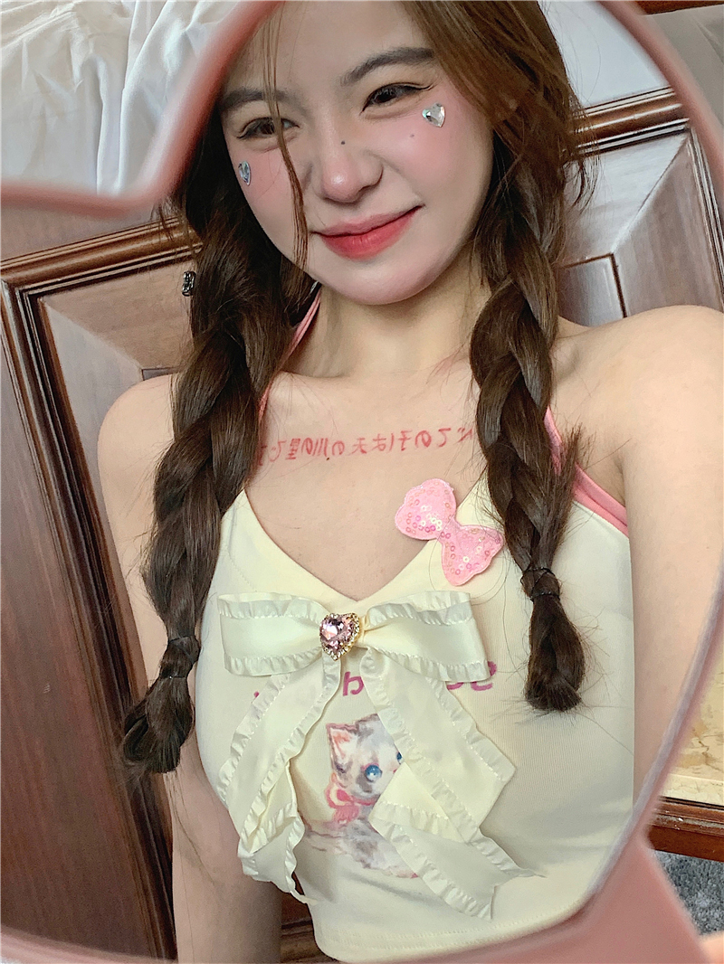 甜辣妹蝴蝶結吊帶背心女裝夏季純欲掛脖貓咪印花性感內搭上衣外穿