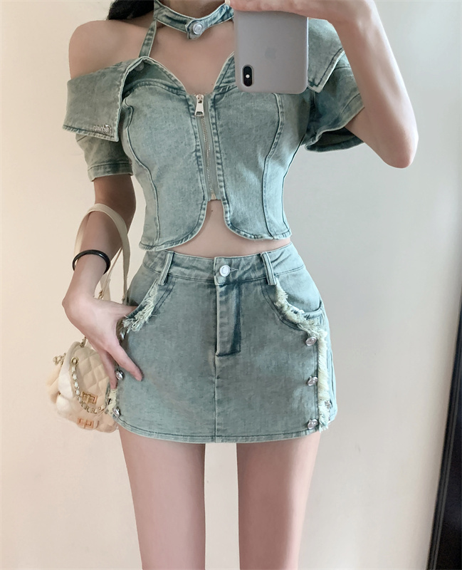 實拍掛脖開衫翻領性感上衣辣妹修身毛邊排扣牛仔褲裙套裝