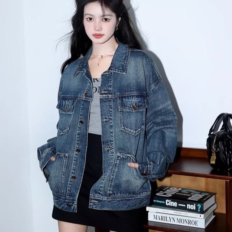 美式復古牛仔外套女春季2024新款設計感寬鬆百搭中長款上衣
