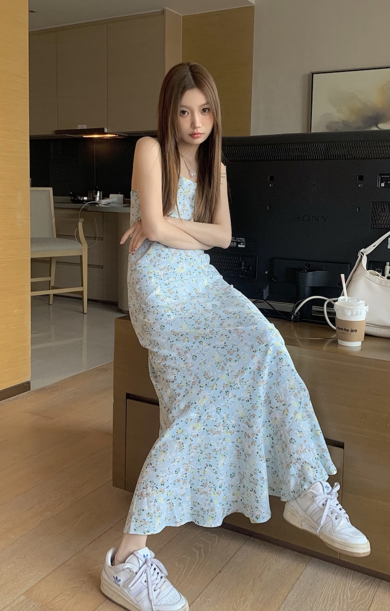 實拍 韓版修身顯瘦中長款碎花雪紡連衣裙百搭學生打底背心裙