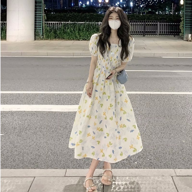 法式初戀茶歇絕美奶甜碎花連衣裙女溫柔風高級感收腰泡泡袖長裙夏