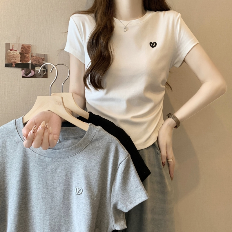 實拍  40支純棉 2024夏裝刺繡修身愛心短袖T恤女正肩