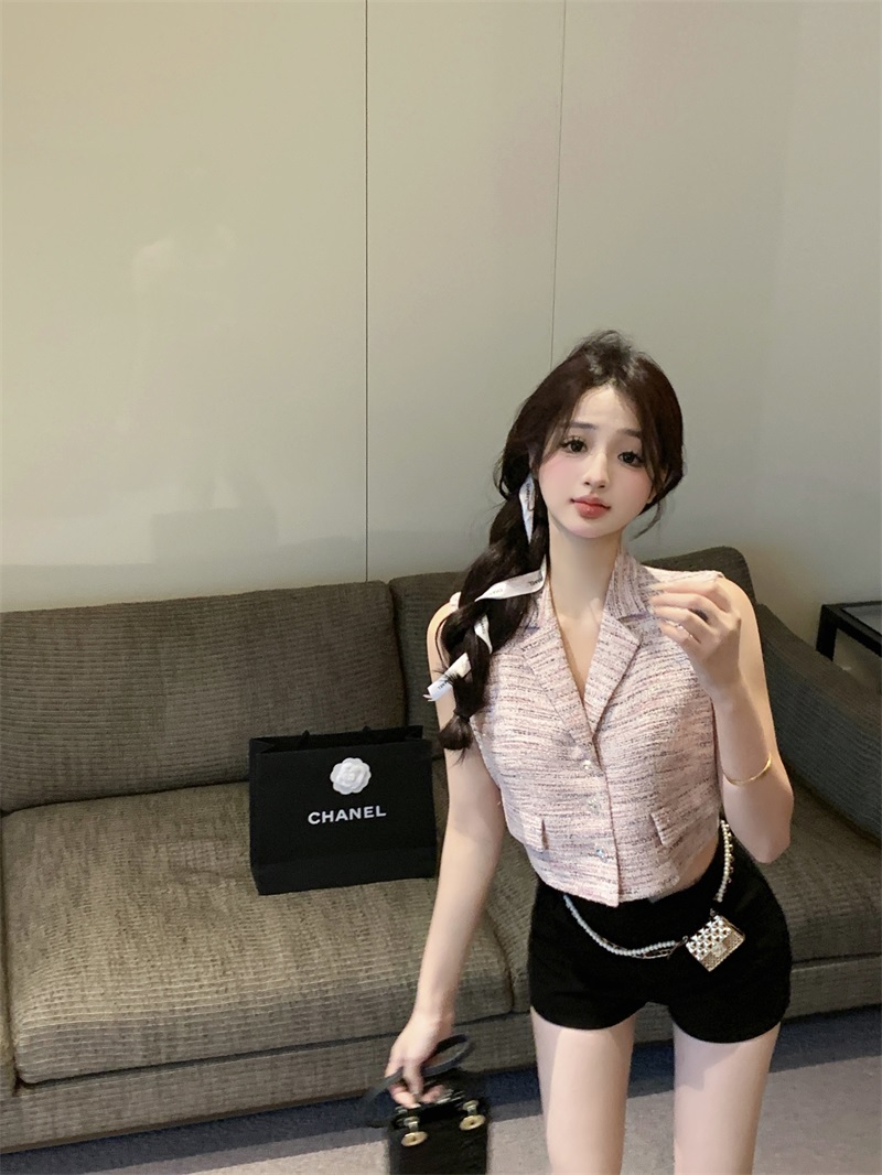 Real shot of small fragrant style tweed vest for women 2024 new style knitted vest