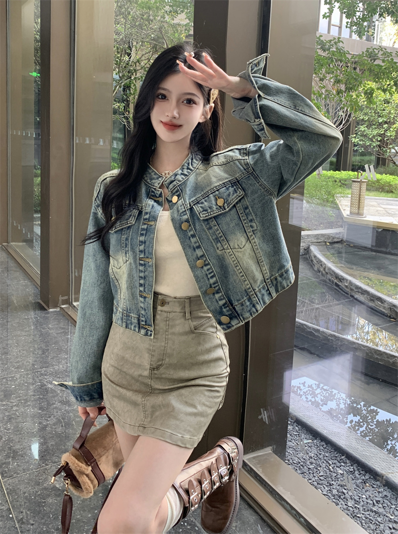 實拍~復古藍休閒牛仔外套女2024春季新款設計感時尚顯瘦短外套潮