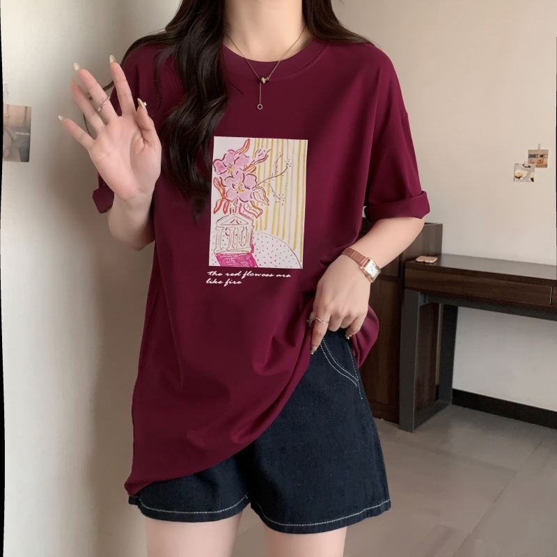 實拍 100%棉精梳純棉 印花夏裝短袖T恤女寬鬆韓版