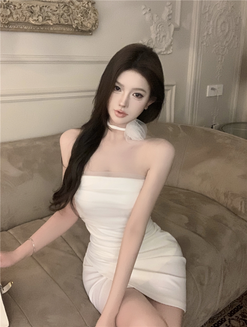 實拍 網紗拼接不規則修身連衣裙花朵項帶性感抹胸包臀短裙