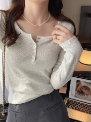 # Women's Modal Ribbed Long Sleeve T-Shirt for Spring and Autumn, Straight Shoulder, Short Sleeve, V-Neck, Button Up Top