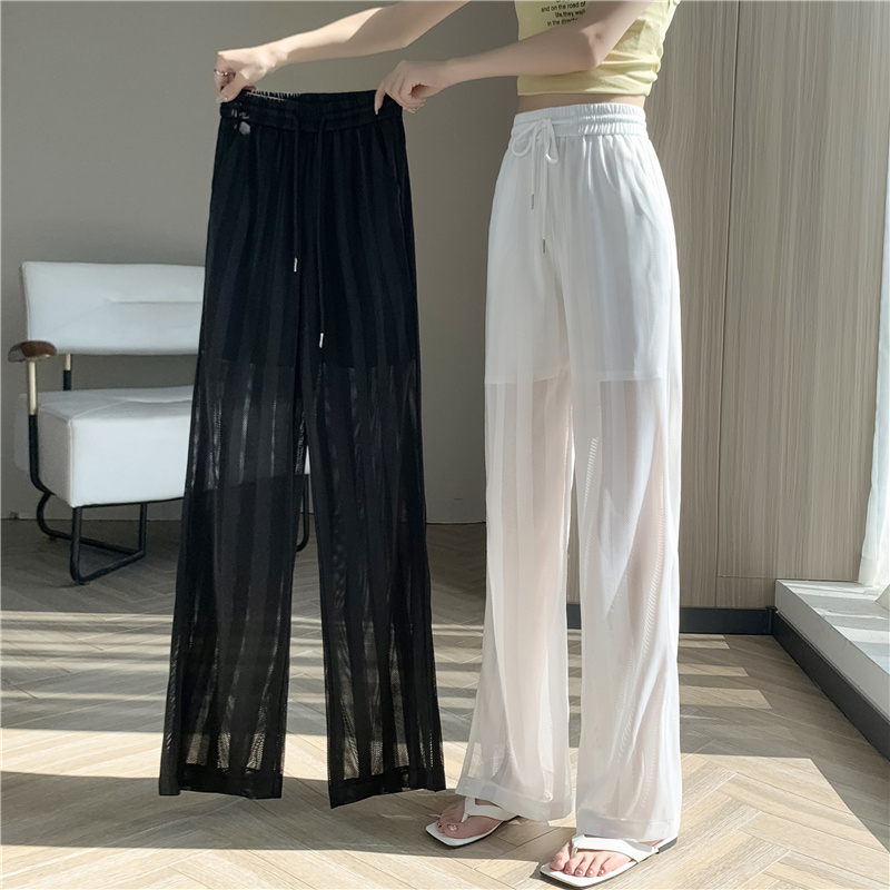 Ice silk wide-leg pants for women, new summer thin style, loose air-conditioned pants, slit casual pants, mesh straight pants