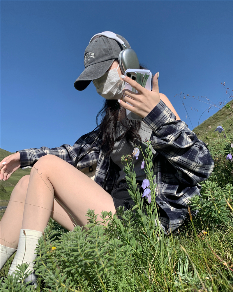 實拍 Lisa同款小眾寬鬆美式復古純棉磨毛厚實格子襯衫外套