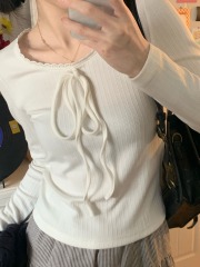 White Straight-Sleeve T-Shirt for Women, 2024 New Arrival Autumn/Winter Close-Fitting Innerwear with Rope Design, Unique Women's Top