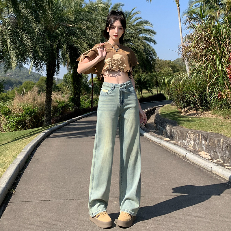 實拍淺藍色直筒牛仔褲女2024年新款高腰寬鬆顯瘦小個子窄版闊腿褲