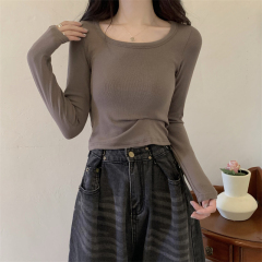 Actual shot of new autumn and winter exposed U-neck stretch bottoming shirt long-sleeved T-shirt