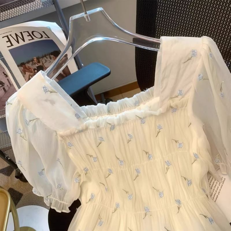 2024夏薄款法式短袖溫柔風一字肩上衣女甜美洋氣雪紡衫