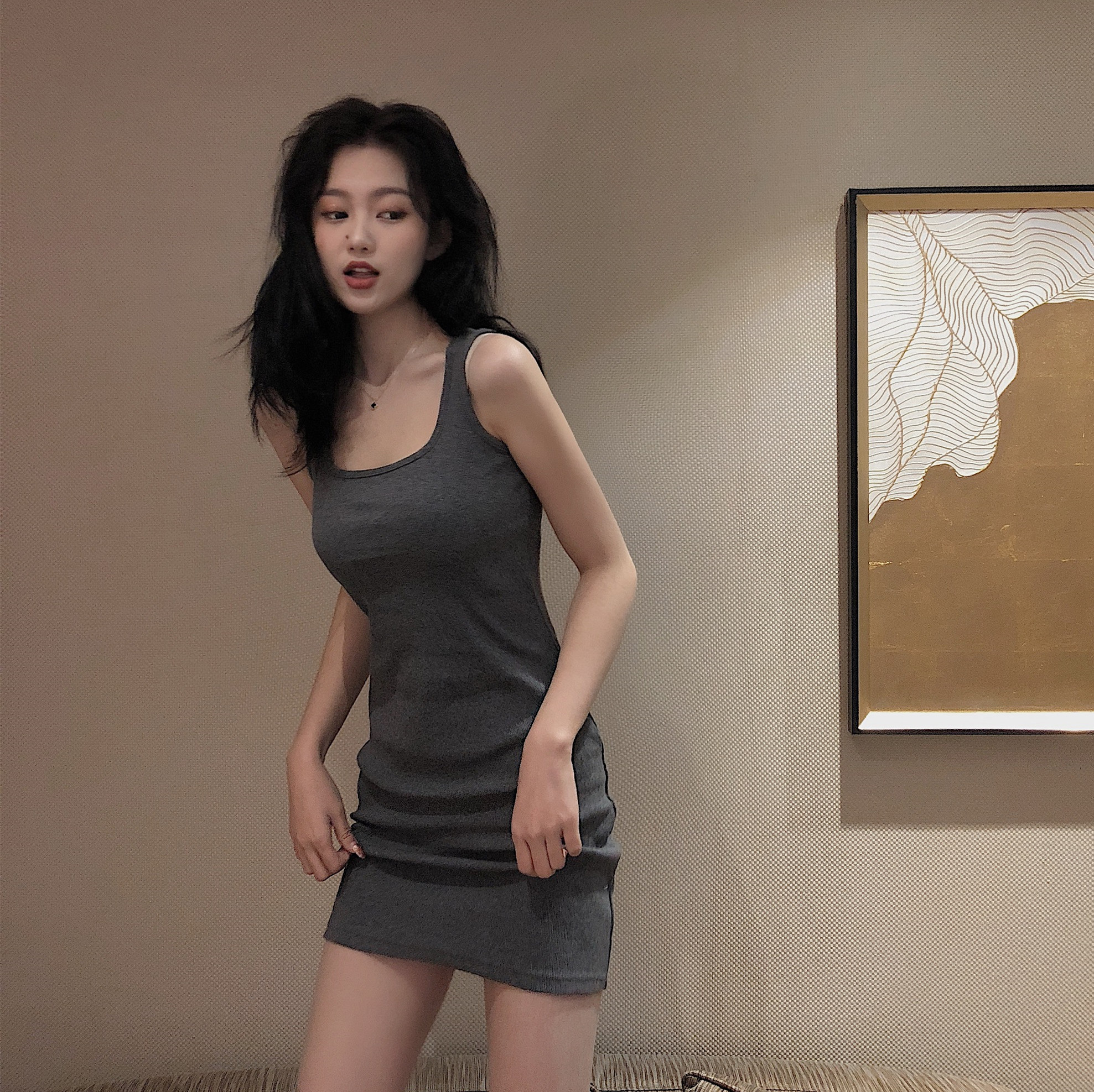 Real shot of spring and summer slim stretch knitted threaded square neck vest dress tight hip-hugging short skirt for women
