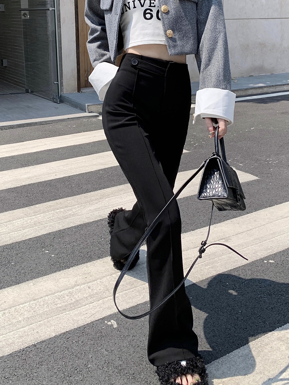 實拍 秋冬黑色顯瘦微喇褲高腰彈力藏肉修身長褲馬蹄褲女