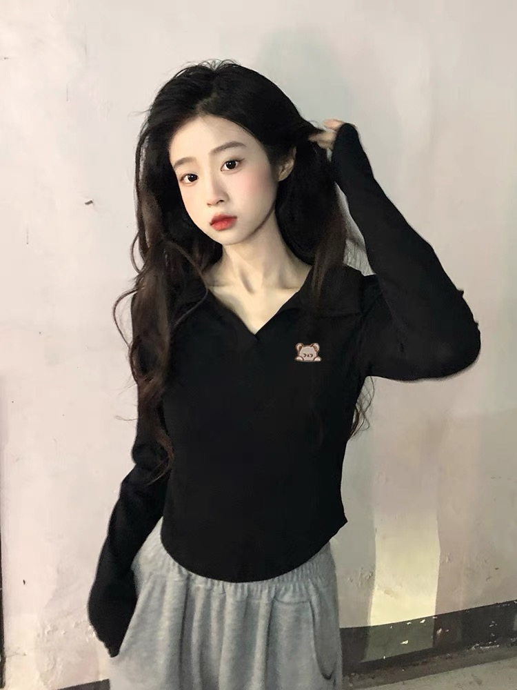 polo領長袖女早春設計感高腰短款上衣2024新款打底衫