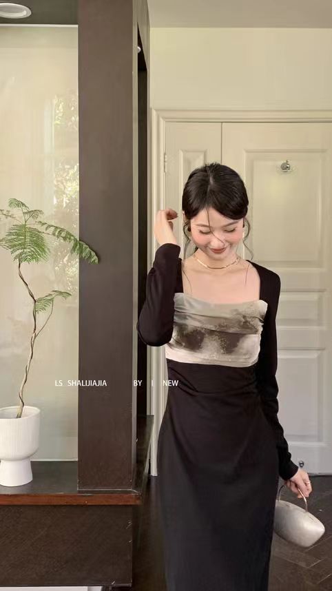 LS SHALIJIAJIA2024 夏女裝氣質優雅修身顯瘦拼接水墨設計連衣裙