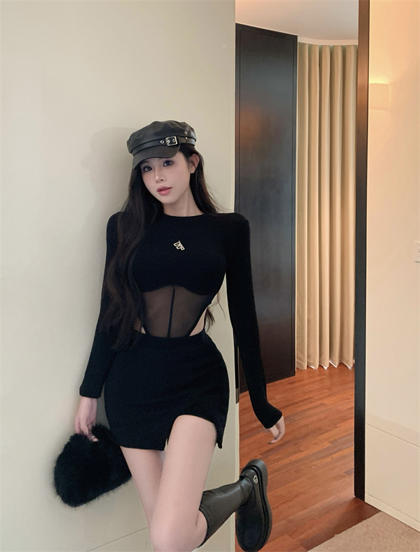 實拍鏤空設計感網紗連體上衣女開叉不規則修身氣質半身裙
