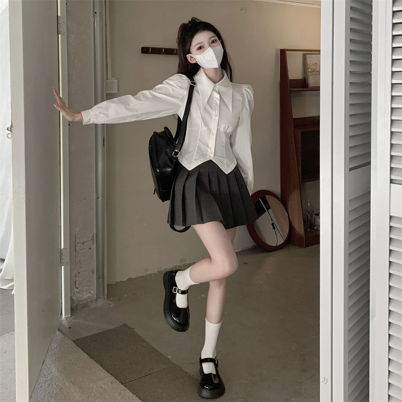 2024泡泡袖長袖jk襯衫女春秋內搭打底襯衣不規則收腰修身短款上衣