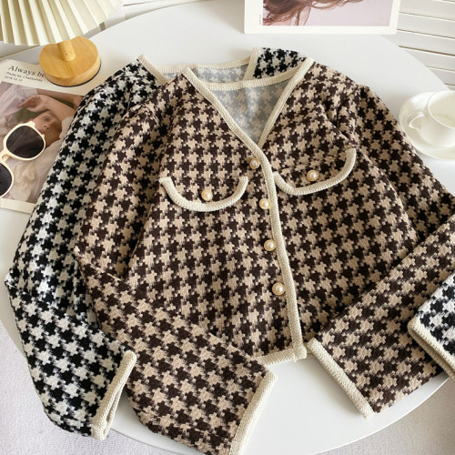 French style short jacket for women 2024 spring new houndstooth v-neck single-breasted long-sleeved cardigan top